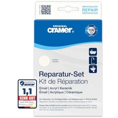 Abbildung von Cramer Reparatur Set weiss alpin für Badewannen, Duschwannen &amp; Waschbecken professionelle Lösung zur Behebung von Schlagschäden und Abplatzungen auf Emaille, Keramik Acryl