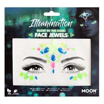 Abbildung von Moon Glow, im Dunkeln leuchtende Gesichtsjuwelen, Festival Gesichts und Körperedelsteine, Kristall Make up Augen Glitzeraufkleber, temporäre Tattoo Juwelen (Beleuchtung) (Neon)
