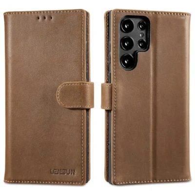Abbildung von LENSUN Echtleder Hülle für Samsung Galaxy S22 Ultra, Handyhülle [Echtes Leder][Bookstyle][RFID Schutz] Handytasche Lederhülle Ultra 5G Vintage Dunkelbraun