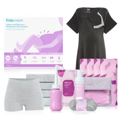 Abbildung von Frida Mom Arbeits , Liefer und Postpartum Kit, All in One Arbeit + Essentials, inklusive Schwangerschaftsunterlagen, Peri Flasche, Muttersocken, Stillmantel, Einweghöschen mit