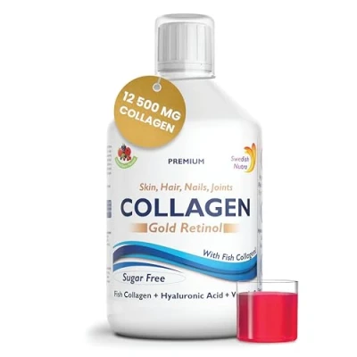 Abbildung von Swedish Nutra 12.500mg Hydrolyzed Marine Collagen &amp; Gold Retinol Liquid Supplement 500ml Pack, 20 Tage Vorrat Reines Peptid Hyaluronsäure für gesundes Haar, Haut, Nägel Gelenke I zuckerfrei