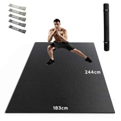 Abbildung von HAPBEAR Extra Groß Breit Sportmatte Fitnessmatte Gymnastikmatte rutschfest Yogamatte 244m x 183cm 8mm Dicke, Hoher Dichte Ultra Haltbar PVC,Trainingsmatten mit Fitnessbänder, Schuhfreundlich 05
