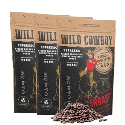 Abbildung von Blank Roast Wild Cowboy Espresso Espressobohnen 1kg (3er Pack) mit Hickoryholz geröstet Arabica &amp; Edel Robusta Blend aus Brasilien Uganda schokoladigen Nuancen säurearm