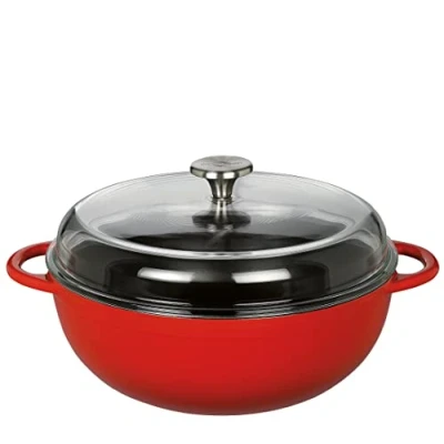 Abbildung von Küchenprofi hohe Gusseisen Pfanne 28 cm, emailliert, mit Seitengriffen und Glasdeckel, rot (0402600428)