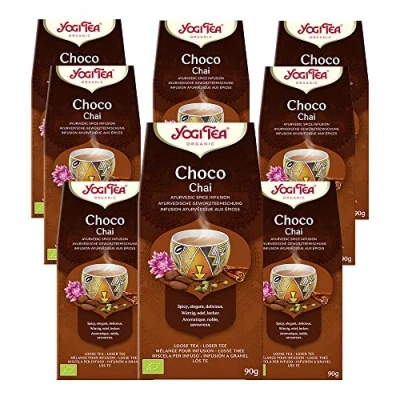 Abbildung von Yogi Tea, Choco Chai, Bio Gewürz und Kräutertee, natürlicher Schokoladengeschmack, Mischung aus Kakaoschalen, Süßholz Zimt, losem Tee, 8 Packungen x 90 g
