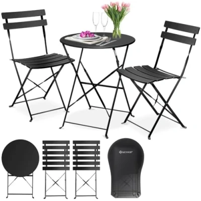 Abbildung von KESSER® Bistroset 3 teilig Bistrotisch 2 klappbare Stühle Balkonset Balkonmöbel Klapp Möbel Gartenset Sitzgarnitur Gartengarnitur Gartenmöbel Sitzgruppe Metall Gartentisch mit Abdeckung Schwarz
