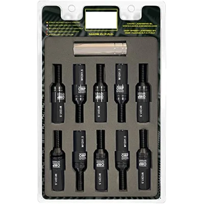 Abbildung von OMP SPEED Set 20 Radschrauben schwarz mit metrischer M12X1,5 Schlüssel 17 19 lang Gewinde 28 mm schwarzem Aluminium 7075 + DIN 12,9