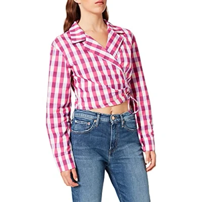 Abbildung von NA KD Damen Overlap Cropped Shirt Hemd, pink kariert, 42 EU