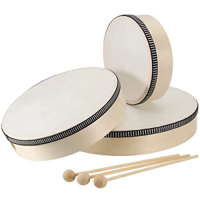 Abbildung von JOIKIT 3 Pack 6, 8, 10 Zoll Handtrommel Set, Holz mit Schlägel, Tamburin Trommel Percussion für Musikaufklärung, Instrument