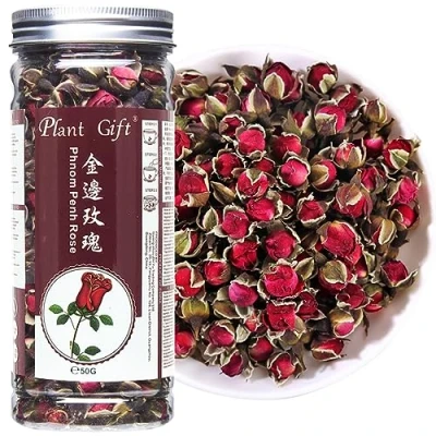 Abbildung von Plant Gift Dried Rose Buds 50G/1.76oz 金边玫瑰 getrocknete Rosenknospen, Phnom Penh essbarer Rosentee, duftende Blumen zum Tee, Backen, Handwerk, Seife machen