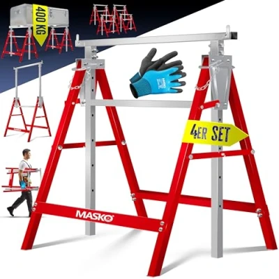 Abbildung von MASKO® Teleskop Arbeitsbock Untergestell 4 er Set Klappbock max. Belastbarkeit 200 kg Unterstellbock höhenverstellbar Min. / Arbeitshöhe 800 1300 mm Gerüstbock inkl. Handschuhe Rot