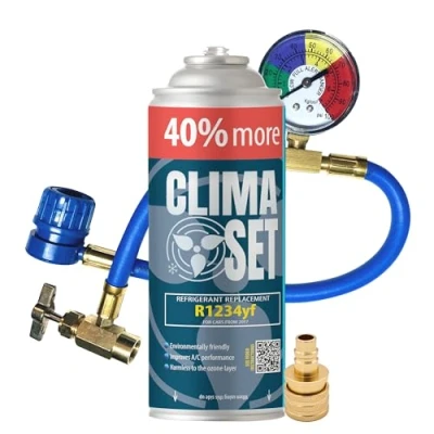Abbildung von ClimaSet R1234yf Kältemittel Ersatzgas Kühlmittel Klima Auto mit Dichtmittel und Öl Gasflasche 1x235 g Klimaanlage Nachfüllset Wohnmobil Schlauch