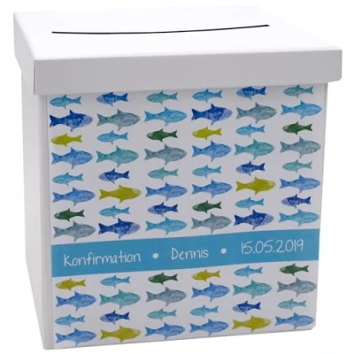 Abbildung von ZauberDeko Briefbox Kartenbox MIT Namen Kommunion Konfirmation Fische Grün Blau