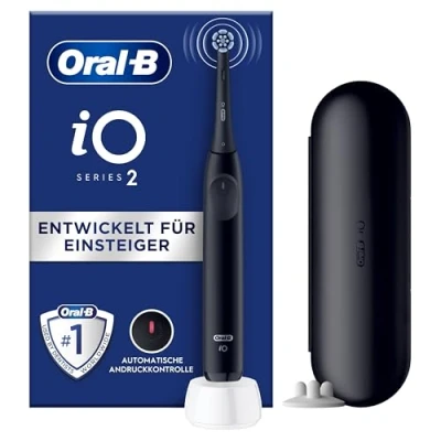 Abbildung von Oral B iO Series 2 Elektrische Zahnbürste/Electric Toothbrush, 1 Aufsteckbürste, 3 Putzmodi für Zahnpflege, Magnet Technologie, Reise Etui, Aufsteckbürstenhalter, Designed by Braun, Night Black