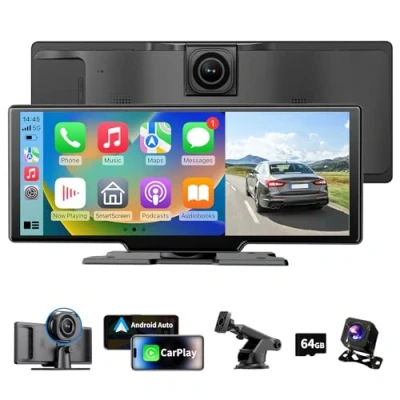 Abbildung von 10,26 Zoll 4K Wireless Carplay Display Android Auto Display,Autoradio Kabelloses Display,Android Bildschirm mit AUX/FM,Dash Cam,Rückfahrkamera,Mirror Link,Bluetooth für alle Fahrzeuge