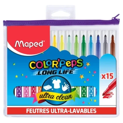 Abbildung von Maped Long Life Filzstifte, 15 sehr waschbar und langlebig, mittlere Spitze, blockiert, lebendige Farben, ideal für Schulbeginn, Kunststoffetui mit Reißverschluss