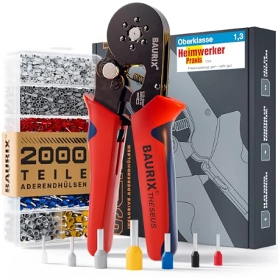 Abbildung von BAURIX® Sechskant Crimpzange mit 2000 Aderendhülsen Set, Aderendhülsenzange selbsteinstellend für 0,25 6mm², Krimpzange, Crimp Zange, Presszange, Crimpwerkzeug Modell: THESEUS (6 Kant)