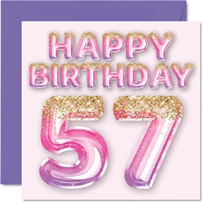 Abbildung von Geburtstagskarte zum 57. Geburtstag für Frauen rosa und lila Glitzerballons Happy Karten 57 Jahre alte Frau Mama Nanny Grandma Gran Auntie, 145 mm x fünfzig siebzig Grußkarten Geschenk