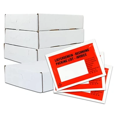 Abbildung von versando 4x 250 Stück Lieferscheintaschen C6 selbstklebend Dokumententaschen Begleitpapiertaschen rot/schwarz bedruckt Lieferschein/Rechnung in Spenderbox