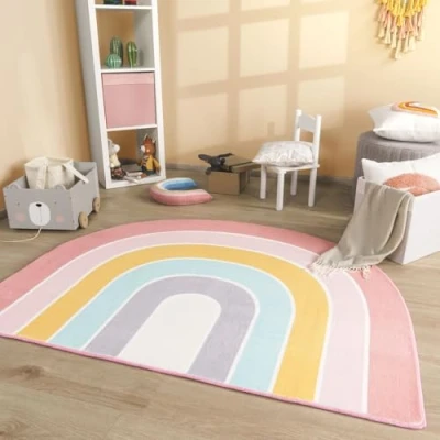 Abbildung von TT Home Babyzimmer Teppich Rund Kinderzimmer Waschbar Regenbogen Sonne, Farbe:Rosa Blau Gelb, Größe:120x160 cm Form