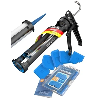 Abbildung von STONE REEF 9 Kartuschenpistole Set [inkl. 5 Fugenglätter] Profi Kartuschenpresse für Silikone Robuste Metall Auspresspistole präzises und einfaches Arbeiten