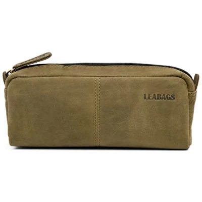 Abbildung von LEABAGS Leder Federmäppchen I Große Echtleder Federmappe Federtasche für Beruf Uni Schule Schlampermäppchen Stiftetui Stiftmappe Ledermäppchen Nature Grün