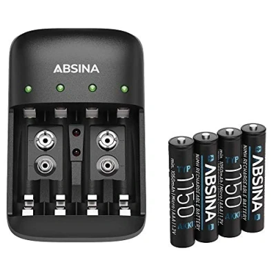 Abbildung von ABSINA Akku Ladegerät AA AAA &amp; 9V Block inkl. 4X 1150 Akkus NiMH Batterien 4 Fach für aufladbare Batterieladegerät mit