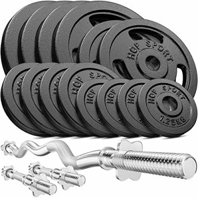 Abbildung von Hop Sport Guss Hantelset mit SZ Stange, Kurzhantelstangen und Gewichten, 1x Curlstange, 2x Kurzhantel, Set 37kg 57kg oder 77kg zur Auswahl (77kg)