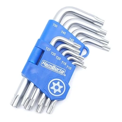 Abbildung von HemBorta® Torx Innensechskant Satz mit 9 teilig Sicherheits Torxschlüssel T10 T50, Kurz Sternschlüsselsatz Löchern an Enden T10, T15, T20, T25, T27, T30, T40, T45 &amp; T50 Winkelschlüsselsatz
