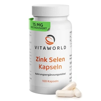 Abbildung von vitaworld Selen Zink Kapseln und hochdosiert 15mg + 100µg pro Tag (100 vegane Kapseln) ideal für Immunsystem, Haut, Haare Nägel laborgeprüft, ohne Zusätze, glutenfrei