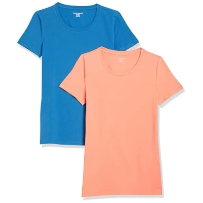Abbildung von Amazon Essentials Damen Kurzärmeliges T Shirt mit Rundhalsausschnitt, Klassischer Schnitt, 2er Pack, Blau/Korallenorange, L