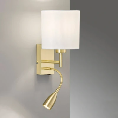 Abbildung von Fischer &amp; Honsel Wandleuchte Dreamer mit LED Lesearm, Klassische Wandbeleuchtung Stoffschirm, 1xE27, Metall Chintz, Weiß Messingfarben, 16x28cm, 30312, Messingfarben/Weiß