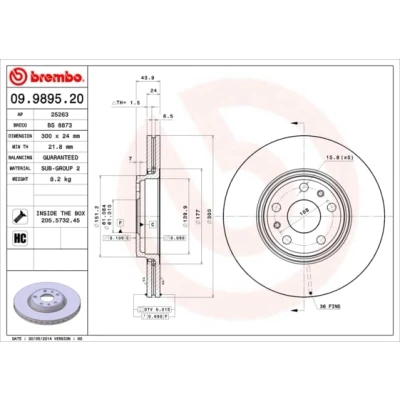 Abbildung von BREMBO 09.9895.20 Bremsscheibe 300 24 5 innenbelüftet hochgekohlt mit Schrauben RENAULT: SCENIC 2, GRAND 2