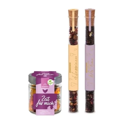 Abbildung von Tee Geschenkset Früchtetee, Schwarztee &amp; vegane Fruchtgummi Anti Stress Me Time Geschenk für Frauen, Freundin und Beste gegen Zur Erholung Entspannung Vegan