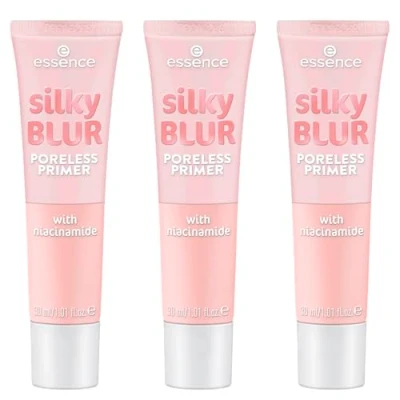 Abbildung von essence silky BLUR PORELESS PRIMER, porenverfeinernd, grundierend, sofortiges Ergebnis, transluzent, vegan, ohne Parabene, Mikroplastikpartikel, Nanopartikel frei, 3er Pack (3x30ml)
