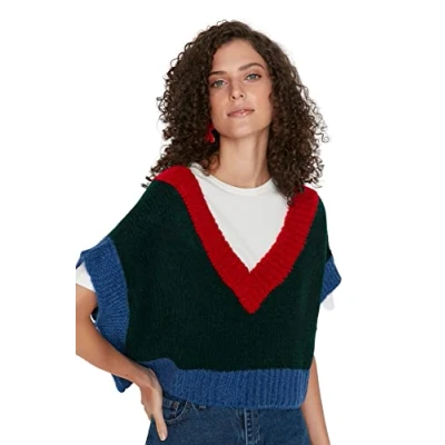 Abbildung von TRENDYOL Damen V neck Colorblock Regular Vest Sweater, Grün, S EU