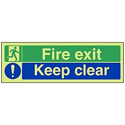 Abbildung von VSafety englisches Notausgangsschild „Fire Exit Keep Clear“, leuchtet im Dunklen, Hartplastik, 300 x 100 mm