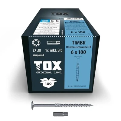 Abbildung von TOX Holzbauschrauben TIMBR TK 6,0 x 100 mm, blau verzinkt mit Tellerkopf, TX30, Schrauben für leichtes Eindrehen und hohe Tragfähigkeit im Holzbau, Stück Karton, inkl. 1x Bit, 1120804160100