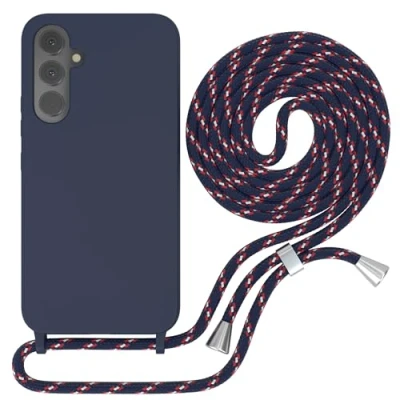 Abbildung von EAZY CASE Hülle mit Kette kompatibel Samsung Galaxy A54 Schutzhülle Kordel zum Umhängen,Umhängen Necklace, TPU Silikon Case, Blau Band Navy Camouflage Verschluss Silber