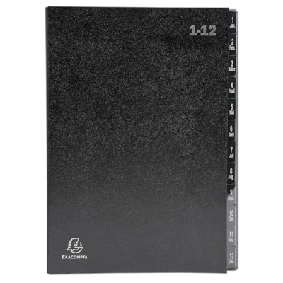 Abbildung von Exacompta Ref. 57012E Ordnungsmappen, 12 Stück, fester Einband, innen aus recycelter Karte, digitale laminierte Registerkarten mit 1 bis Fächern, Maße: 25 x 33 cm, für A4, Schwarz