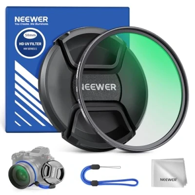 Abbildung von NEEWER 58mm MC UV Schutzfilter mit Objektivdeckel, mehrfach beständige Nanobeschichtungen/optisches HD Glas/wasserabweisend/Kratzfest/ultraschlanker Rahmen aus Aluminiumlegierung/Ultraviolett Filter