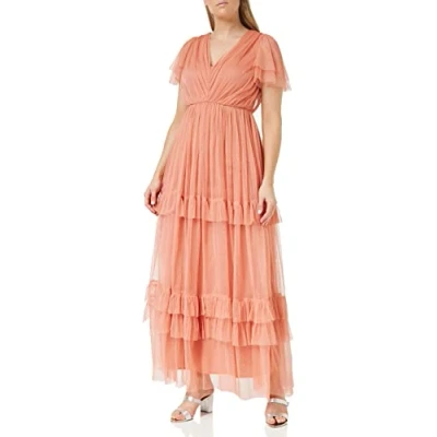 Abbildung von Anaya with Love Damen Ladies Maxi Dress for Women Short Sleeve Evening Ball Gown Tiered V Neck Bow Tie Bridesmaid Wedding Guest Prom Long Kleid, Coral Pink, 32