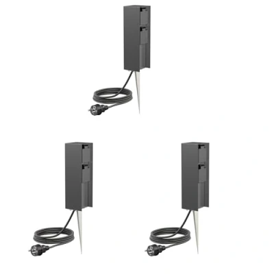 Abbildung von ledscom.de 3 Stück Garten Steckdosen Säule POMI mit Erdspieß und 2m Kabel für außen, IP44, 2 Fach, anthrazit, eckig, 23cm