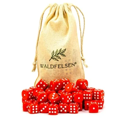 Abbildung von Waldfelsen 6, 12, 20, 30 oder 50 hochqualitative Würfel Standardgröße 16 mm Acrylwürfel Knobel Spielwürfel Dice 6 seitig sechsseitig Spielzubehör Set mit Stoffbeutel (Rot, Stück)