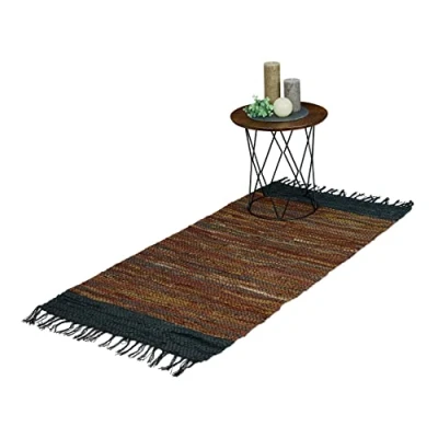 Abbildung von Läufer Flickenteppich aus Leder &amp; Baumwolle, relaxdays, Höhe: 5 mm, Braun, 70 x 140 cm