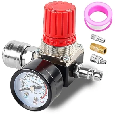 Abbildung von 1/4&quot; Druckminderer: Druckminderer Druckluft, 3 Löcher Druckschaltventil mit Manometer, Druckschalter Regelventil 175 PSI, EU Standard für Luftverdichter, Kompressor