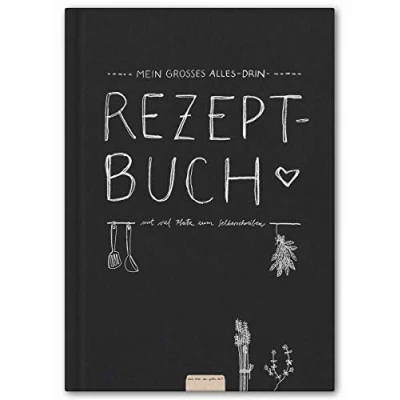 Abbildung von Eine der Guten Verlag Notizbuch Mein großes Alles Drin XXL Rezeptbuch, A4 DIY Kochbuch zum Selberschreiben, Backbuch schreiben, Tafel Design in Schwarz Weiß, FSC Papier, Premium Hardcover, robuste Fadenbindung, 21x30 cm
