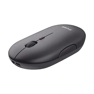 Abbildung von Trust Puck Wiederaufladbare Kabellose Maus, Bluetooth und 2.4 GHz Verbindung via USB Mikroempfänger, DPI Einstellbar 800/1200/1600, Ergonomisch, Funkmaus für PC/Mac/Computer/Laptop/MacBook schwarz