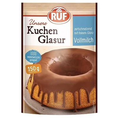 Abbildung von RUF Kuchen Glasur Vollmilch Schokolade, Fettglasur im 150 g Beutel, mikrowellengeeignet, zum Glasieren von Kuchen, Torten, Gebäck &amp; Muffins, 1 x