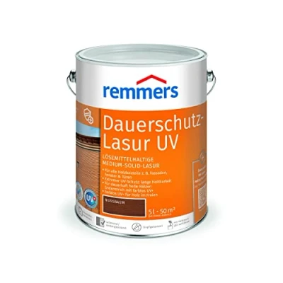 Abbildung von Remmers Dauerschutz Lasur UV nussbaum, 5 Liter, Dekorative Medium Solid für Außen, auch helle Farbtöne und farblos UV+, wetterbeständig